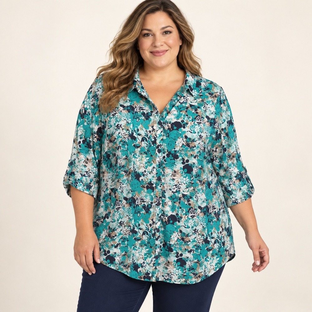 Catherines 3X 26/28W Teal Floral Button Up Tunic Blouse Roll Tab Sleeve Career